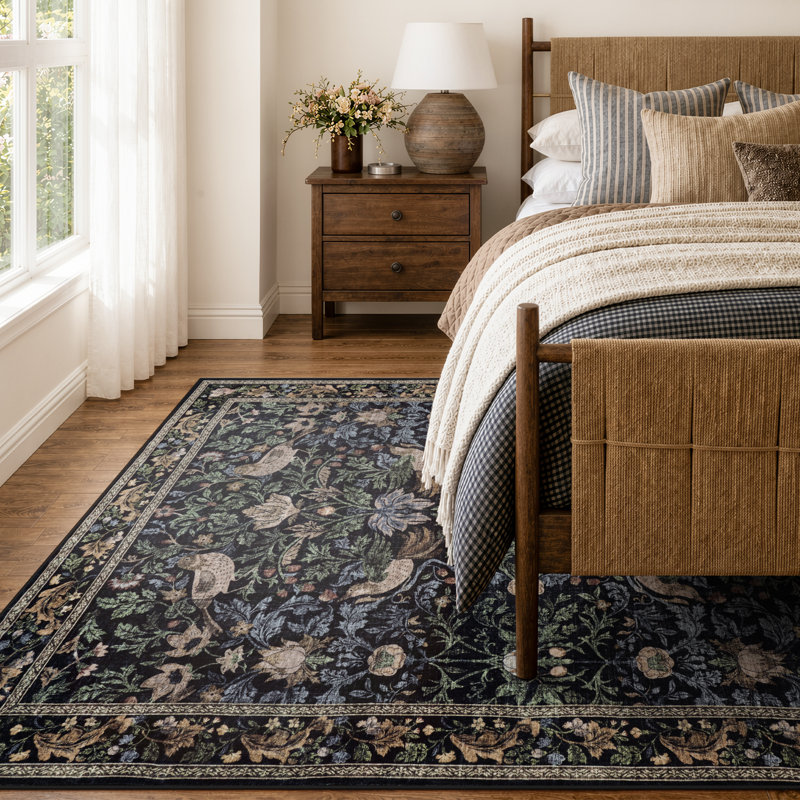  Tapis lavable floral vert forêt, tapis traditionnel rétro pour le salon, la salle à manger et la chambre à coucher, revêtement de sol de style chalet antidérapant