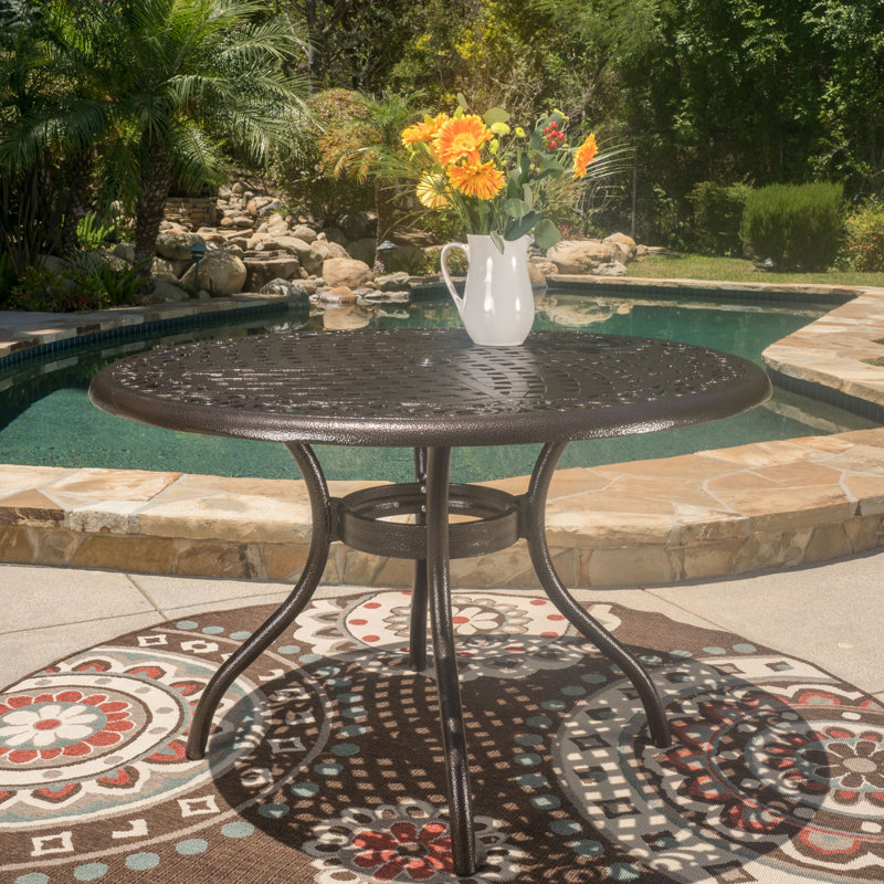 Round 48-Inch Outdoor Table Cast From Aluminum With Hammered Bronze Finish, Featuring Tabletop, Umbrella Hole, And Gently Curved Legs 48-In Made Legs, For Patio Seating