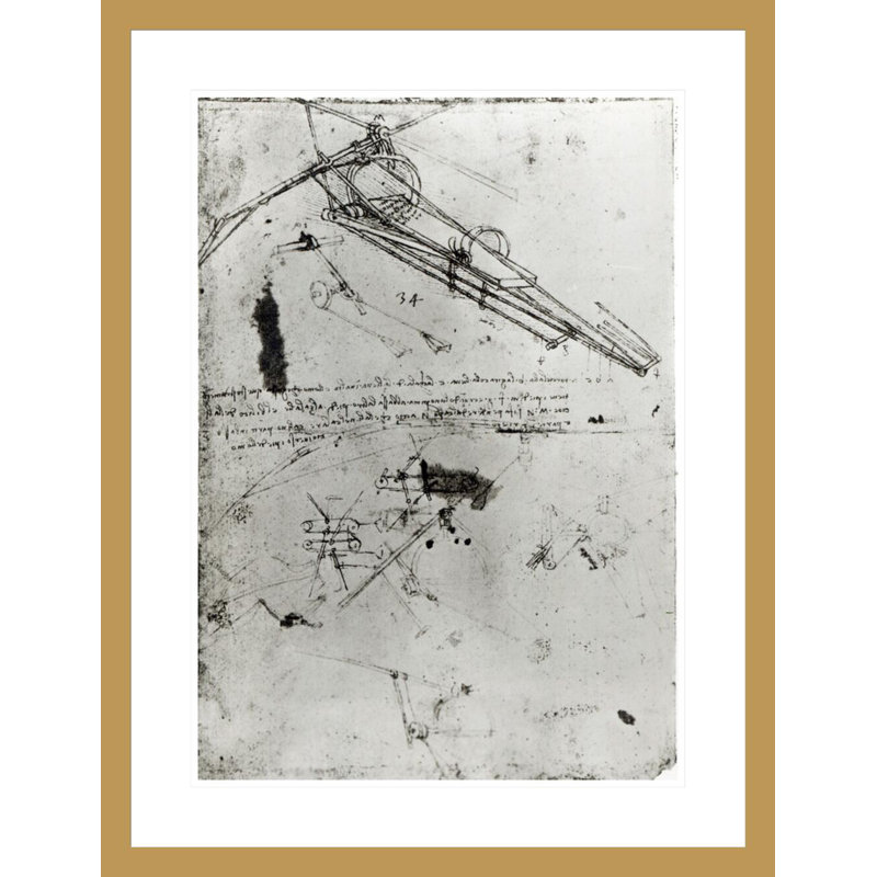 Schéma d'une machine volante et d'un dispositif de direction «824v from the Codex Atlanticus» par Leonardo Da Vinci, impression giclée sur cadre