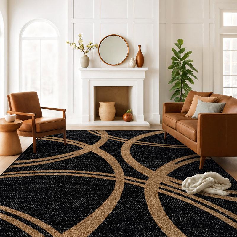Arnaldur Geometric Black/Gray/White Area Rug, Rectangle 5'3" x 7'3", Camel