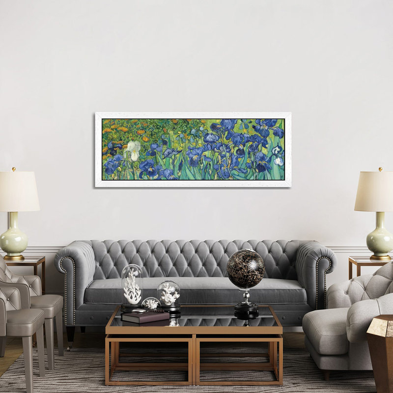 Irises, 1889 by Vincent Van Gogh - Floater Frame Panoramic Painting on Canvas, 152.4 cm H x 50.8 cm W, White Framed