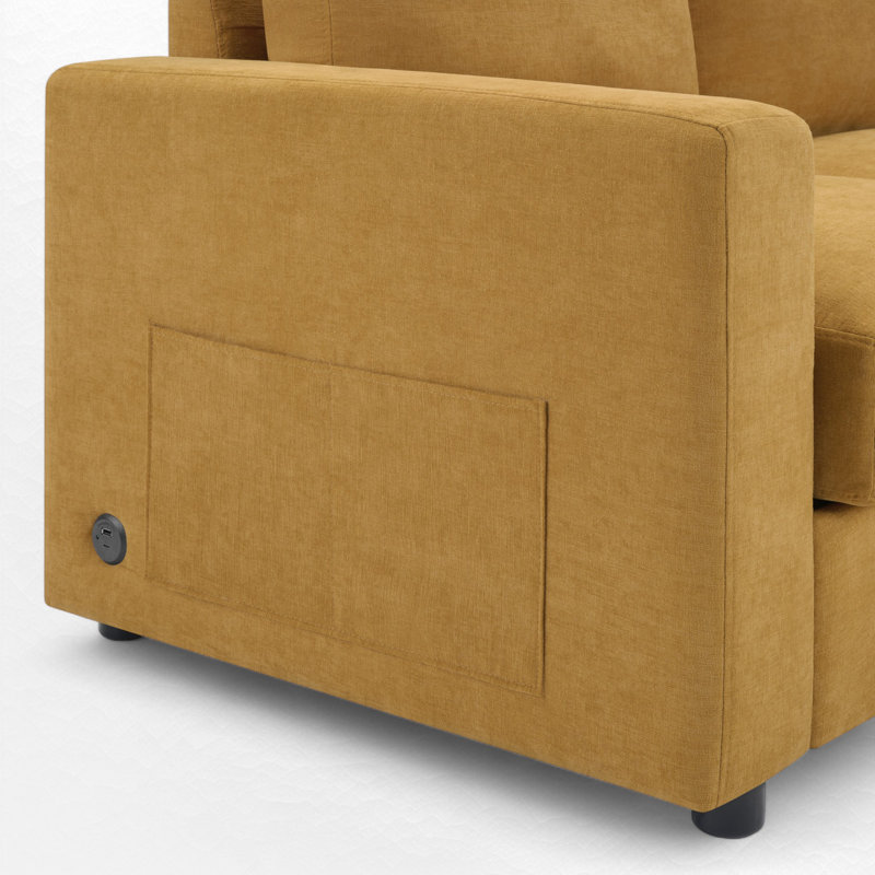 Canapé modulaire en L avec méridienne et ports USB, Chenille jaune