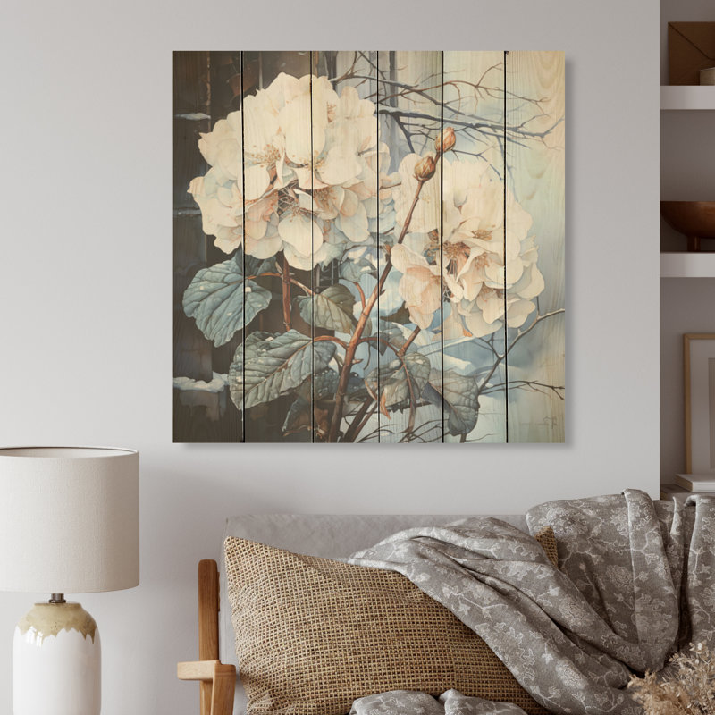 Charme d'hortensia blanc en hiver - hydrangées sur bois de pin naturel, H 36 po x l 36 po