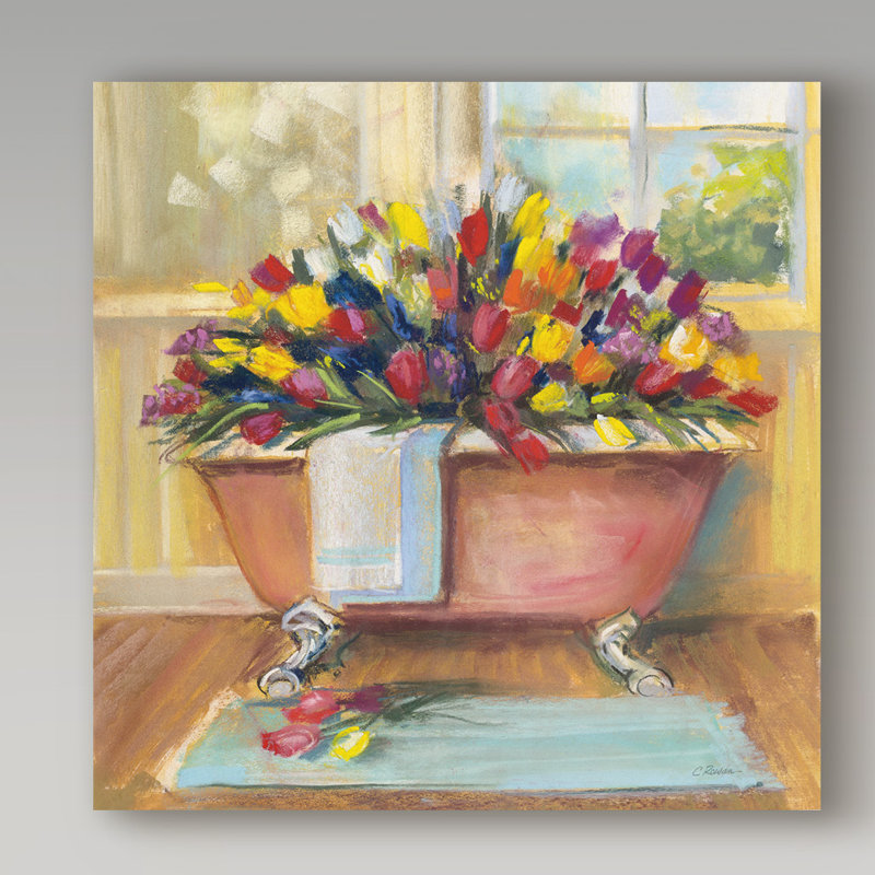 Floral Square Framed Canvas Art with Pink Bathtub