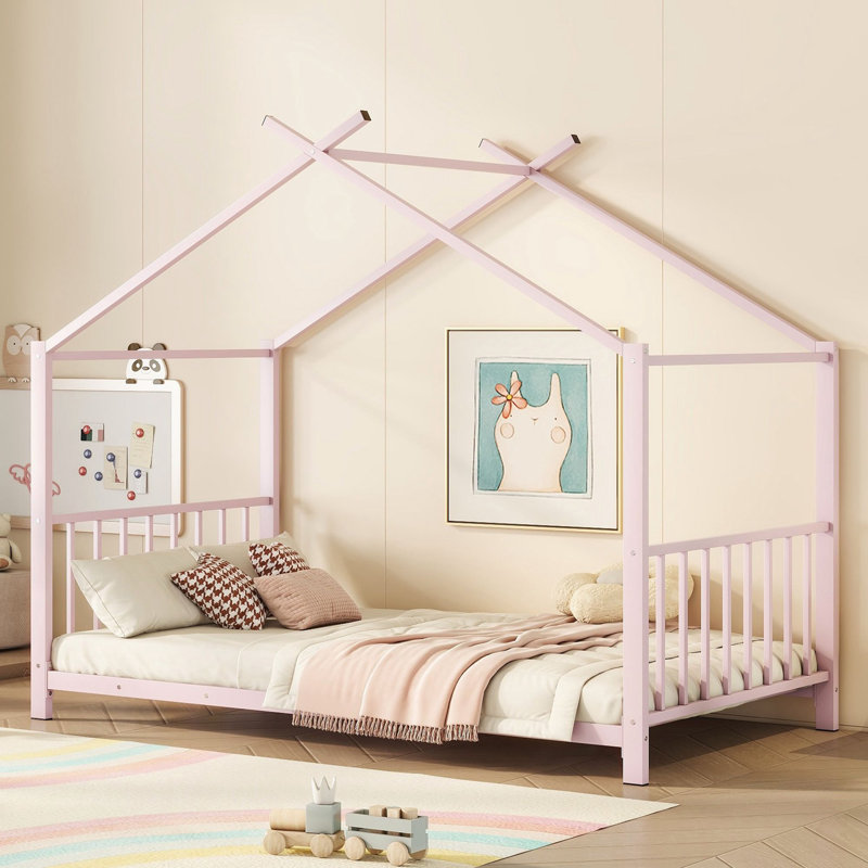 Modern Twin Size House Platform Bed, Pink
