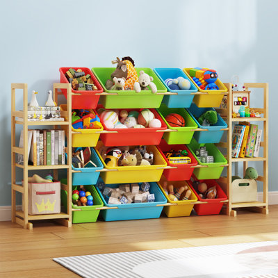 Large Toy Storage Organizer, 16 Removable Bins and 6 Open Shelving Units Combination, Natural Solid Wood Kids Bookshelf for Kids Room, Playroom, Multi Color