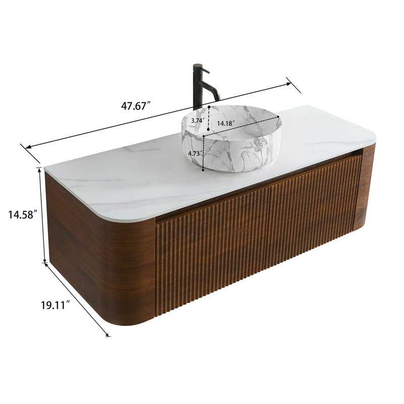 Wall Mounted Single Double Single Vanity Bathroom Vanity With Engineered Stone Top, Walnut, 48, White