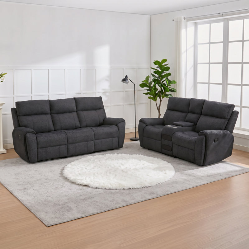 2-Piece Reclining Living Room Set with Storage, Cup Holder, and Bluetooth Speaker, Black