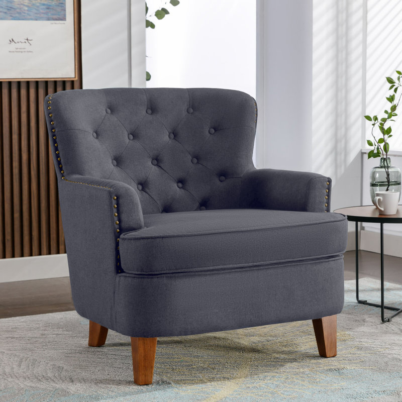 Chaise d'appoint rembourrée en tissu avec pieds en bois d'hévéa Mericul, Mélange de polyester gris foncé