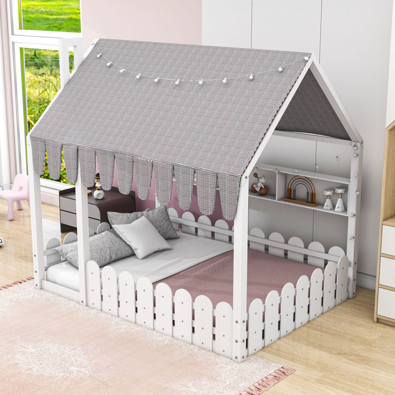 Lit sur pied Montessori avec tablettes intégrées, Lit double, Blanc