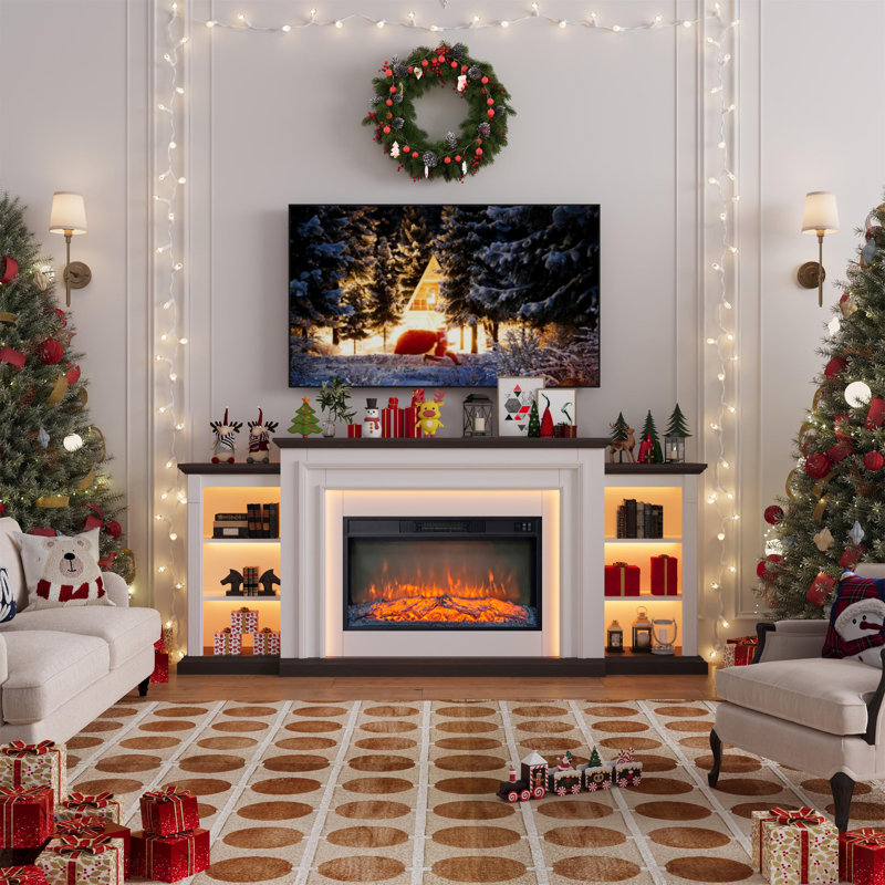80" Fireplace Tv Stand With Electric Insert – Freestanding Media Console For Tvs Up To 90 Inches, White/Brown