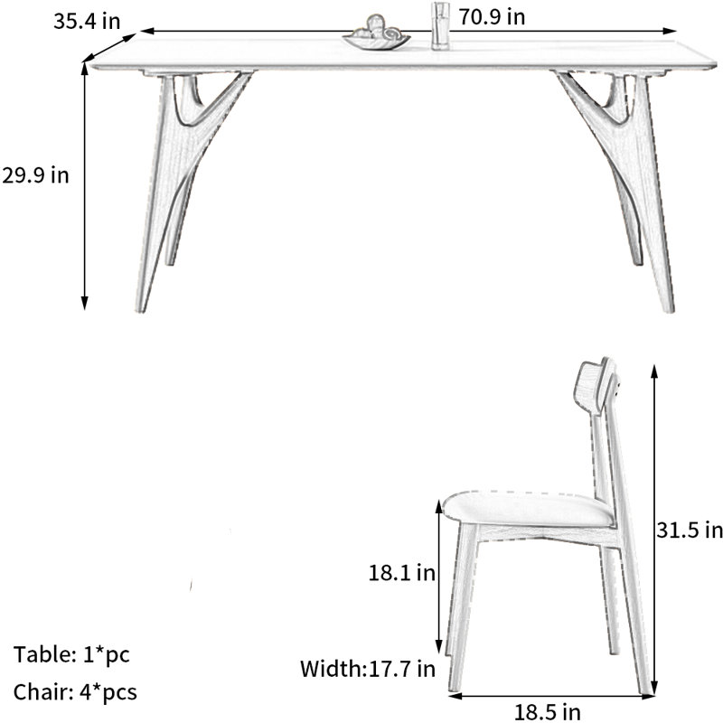 Ensemble de salle à manger en bois de frêne ardoise ultrabrillant, H 29,9 po x L 70,9 po x l 35,4 po