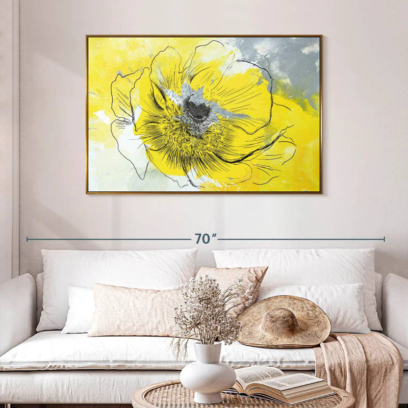Fleur jaune vif, 46 po x 31 po, Cadre flottant doré