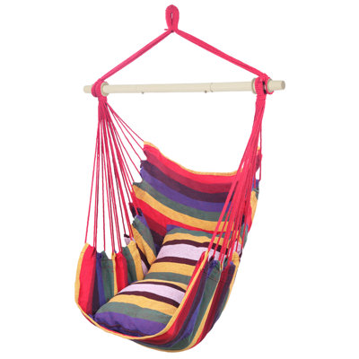 Outdoor Indoor Rainbow Cotton Canvas Hanging Rope Chair, Unique Hammock Swing Chair with 2 Soft Cushions for Bedroom Patio Porch