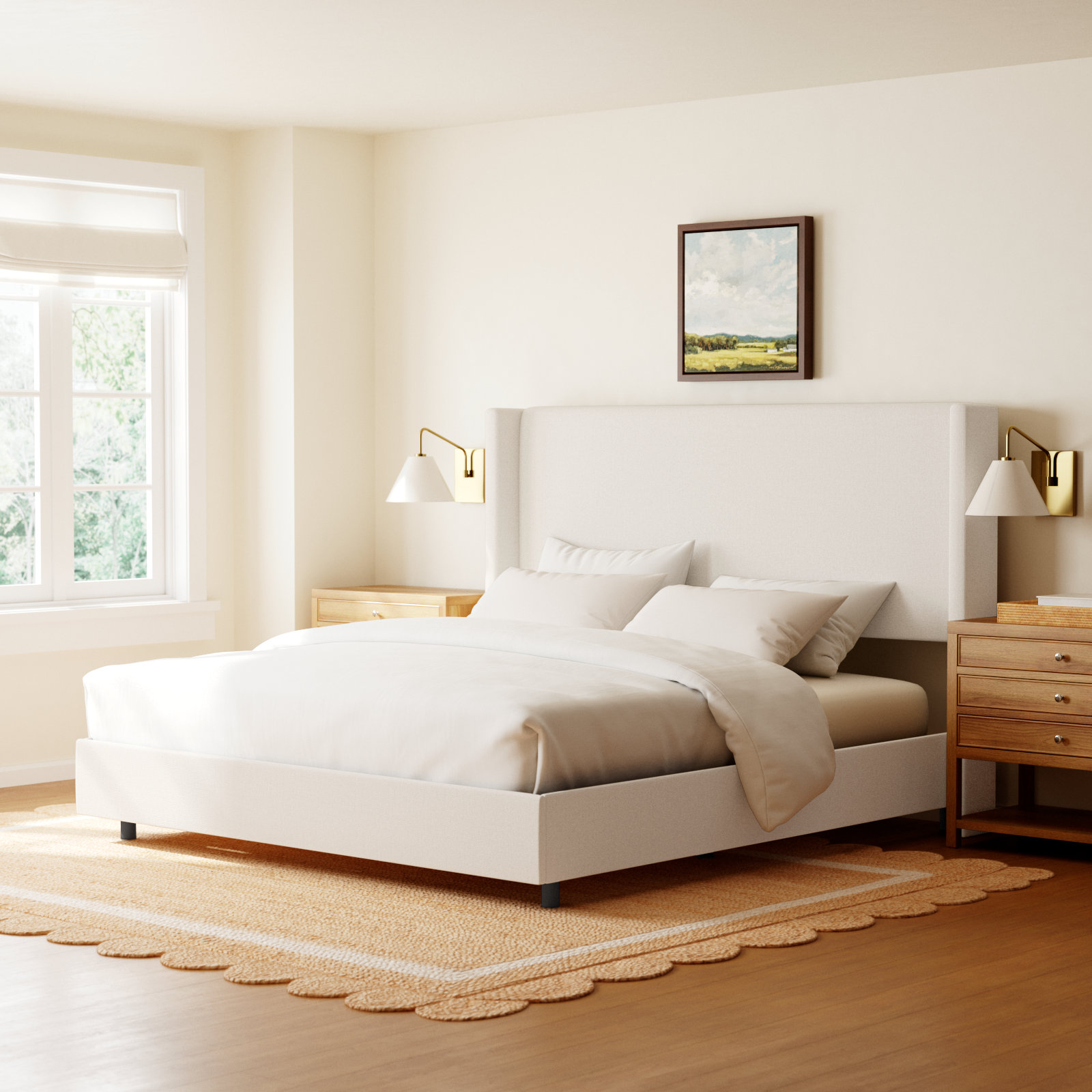 Hanson Upholstered Wingback Bed, King, Zuma White Textured Linen
