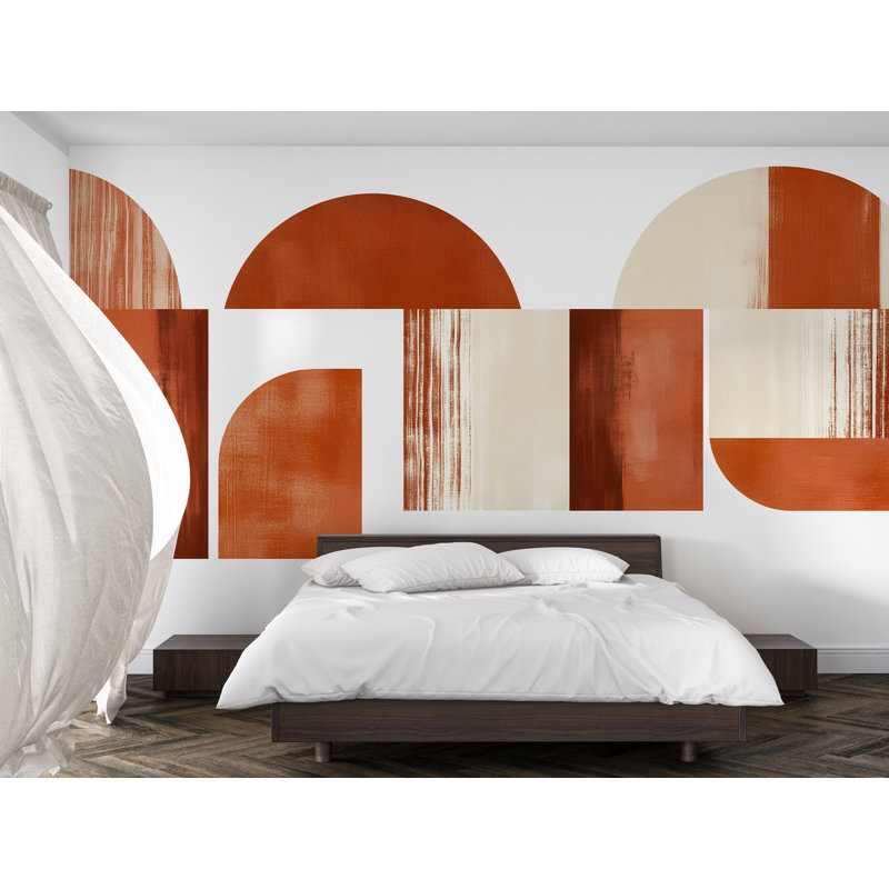 Murale géométrique terre cuite - Papier peint abstrait bohème pour mur de chambre à coucher 090Mv, H 29 po x l 55 po