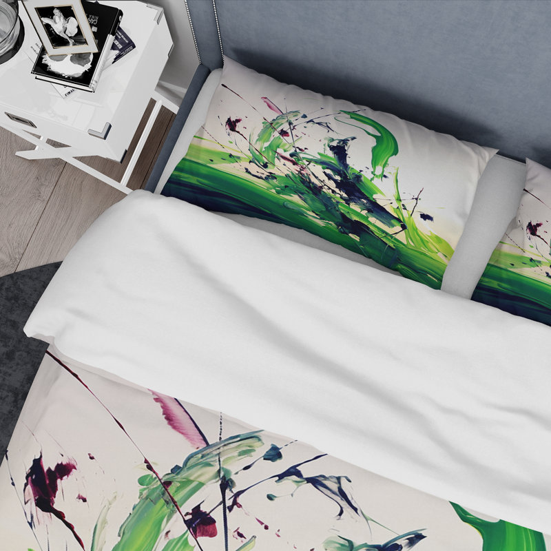 «Green and White Abstract Ink Expression IV», ensemble de housse de couette à peinture abstraite