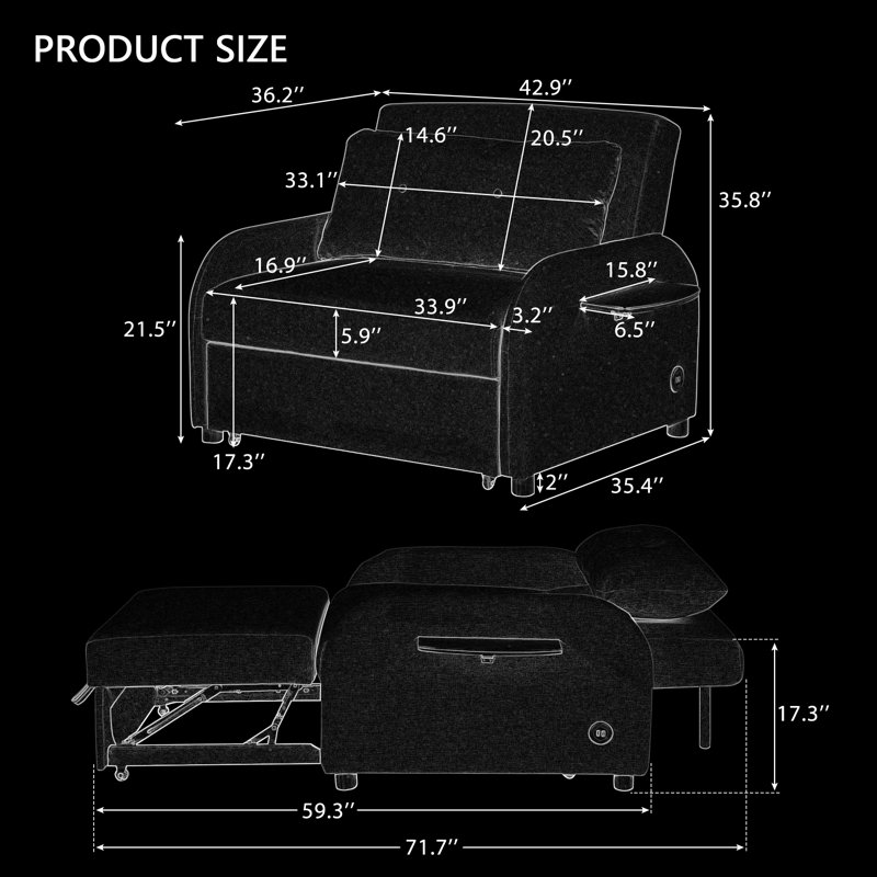 3-in-1 Pull Out Sofa Sleeper with Wing Tables & USB Charging - Multi-Functional Convertible Sofa Bed for Living Room & Guest Room