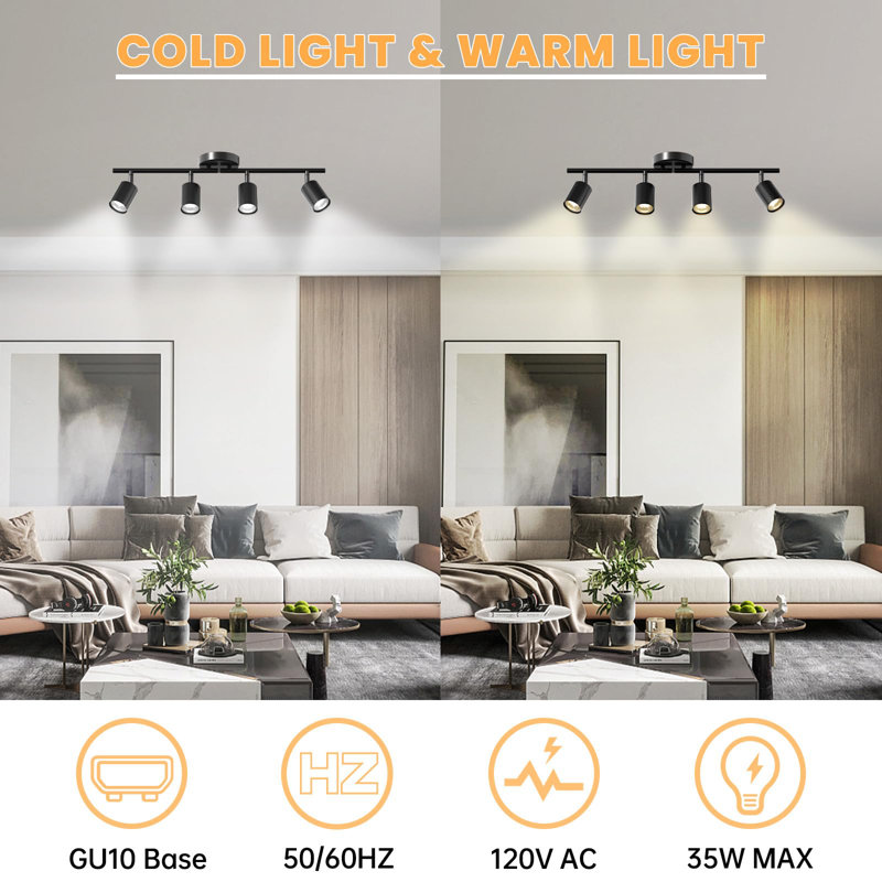4-Light Modern Track Lighting Fixture with Flexibly Rotatable Light Heads, GU10 Bulbs Included