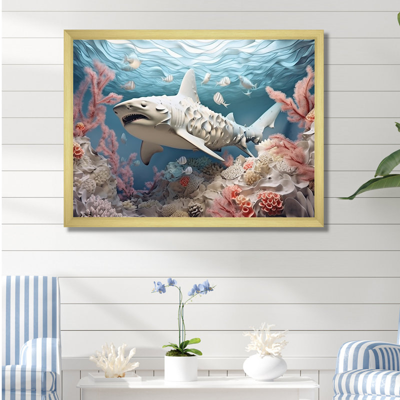 Coral and Sharks Collage Symetry - plage et océan, impressions sur toile, Cadre doré simple, H 16 po x l 32 po x P 1 po
