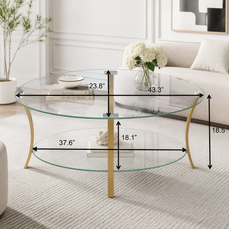 Table basse ovale moderne en verre de 110 cm (43,3 po) avec pattes en métal, verre trempé transparent, double plateau de rangement en verre, table basse de luxe