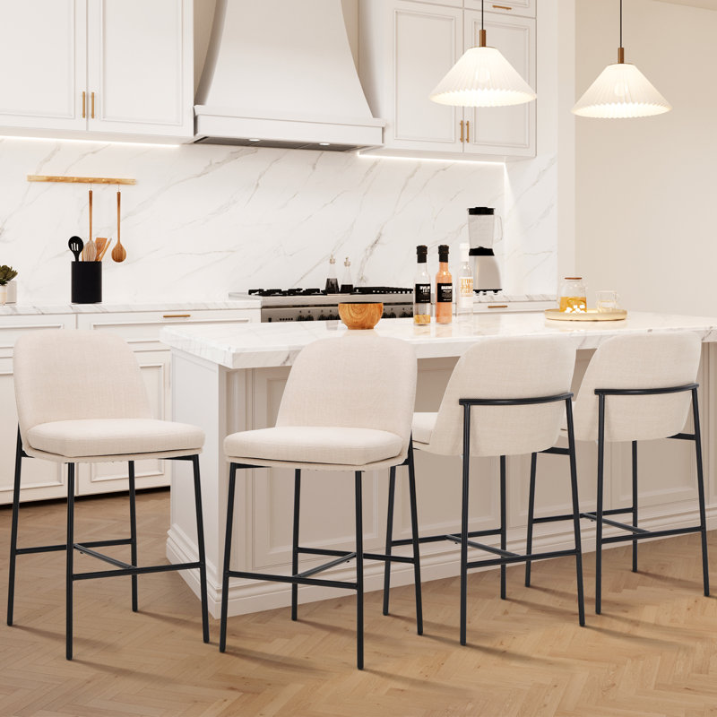 Tabourets de comptoir rembourrés en tissu de 25,8 po de hauteur et de style minimaliste, chaises d'îlot de cuisine avec dossier, structure en métal robuste et repose-pieds