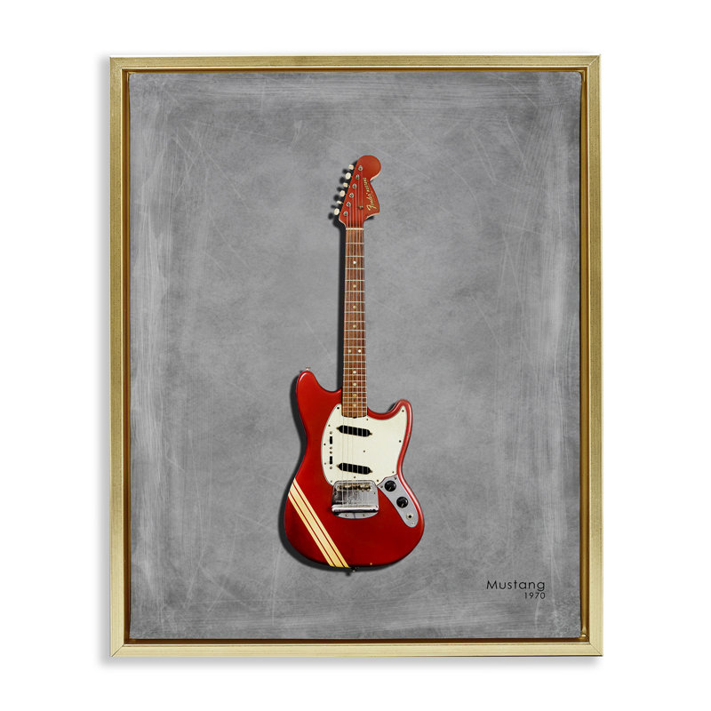Guitare rouge sur cadre flottant gris, design par Mark Rogan, H 31 po x l 25 po, Cadre flottant métallique doré