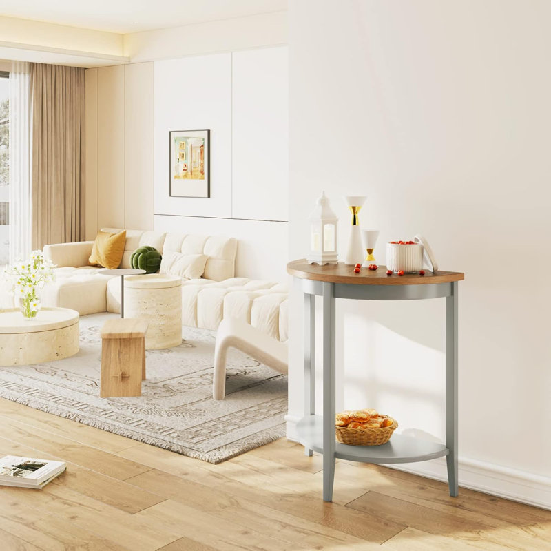 Half Moon Wooden Console Table With Bottom Shelf, Durable Wooden Frame In Gray Oak Finish