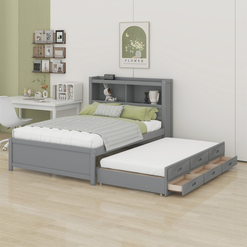 Lit plateforme avec lit gigogne, tiroirs et prises USB, Gris