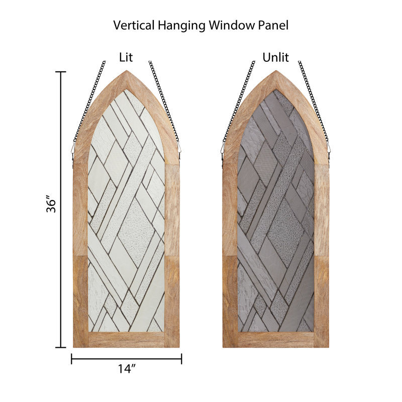 36"H Cathedral Geometric Clear Glass Window Panel In Mango Wood Frame