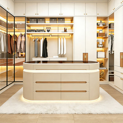 70.87" Oval transparent tempered glass countertop, beige solid wood multi-layer board cabinet, jewelry storage cabinet