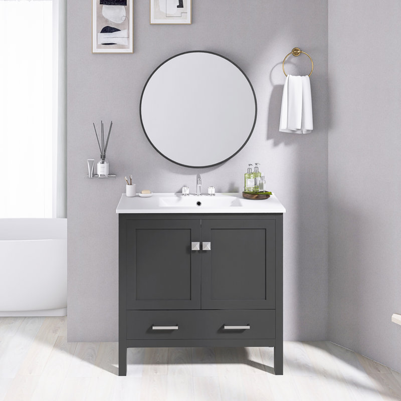 36 Inch. Black Bathroom Vanity With Ceramic  Sink   | Double Storage Shelves & Divided Drawer | Soft-Close Doors | Bathroom Cabinet With Ample Storage  | Solid Wood Frame