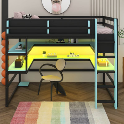 Wood Loft Bed With Desk,Side Storage Rack,Multi-Storage Shelves And RGB Light