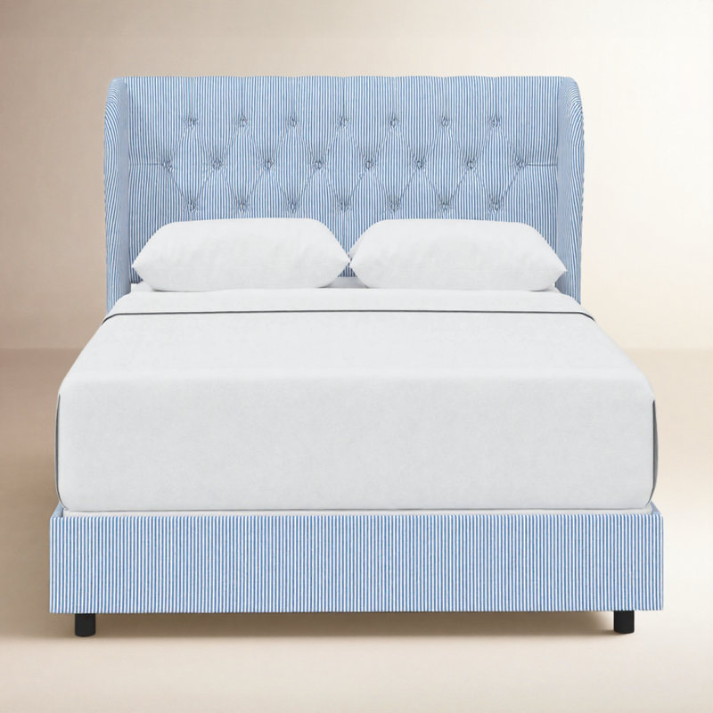 Tomey Upholstered Wingback Bed, King, Prep Stripe Blue