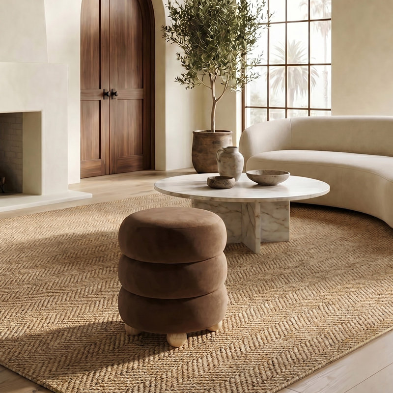 Dalisha 17" Round Ottoman, Natural, Dark Brown Velvet