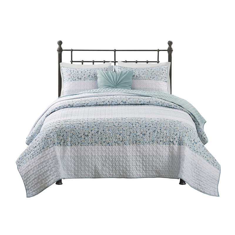 Ensemble de courtepointe luxueux en seersucker avec coussin décoratif, Courtepointe double / grand + 3 pièces supplémen, Bleu