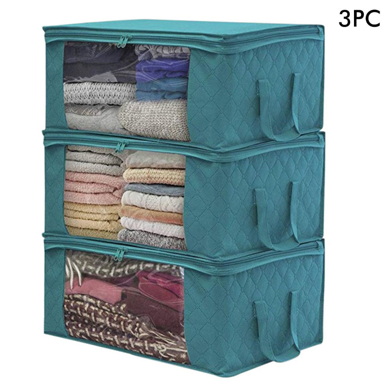 3PCS Foldable Nonwoven Storage Bags, Clothes Storage Bins With Lid And Clear Window Zippers Durable Handles Closet Organization