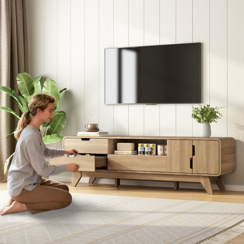 Mid Century Modern TV Stands for TVs up to 70 inch, Entertainment Center with Storage Cabinet and 5 Drawers, Media and TV Console for Living Room