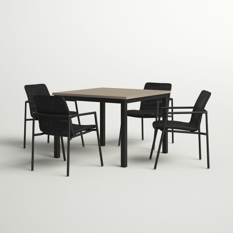 Orso 5-Piece 39" Square Dining Table & Armchairs Set - Vintage Tekwood Top Shadow Resin Wicker, Carbon