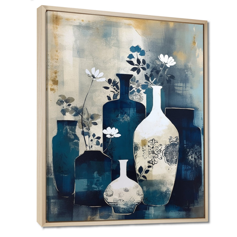 Art mural bleu et crème fantaisiste en argile II - Boho Pottery, H 32 po x l 16 po, Cadre flottant érable