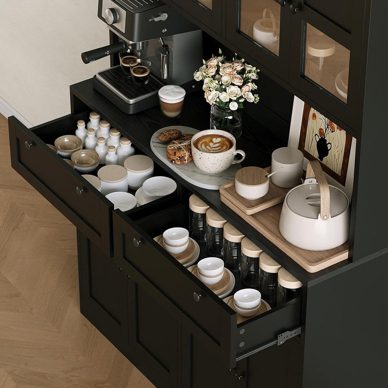 Kitchen Pantry Cabinet with Charging Station, Tall Hutch with Microwave Stand & Drawers, Black