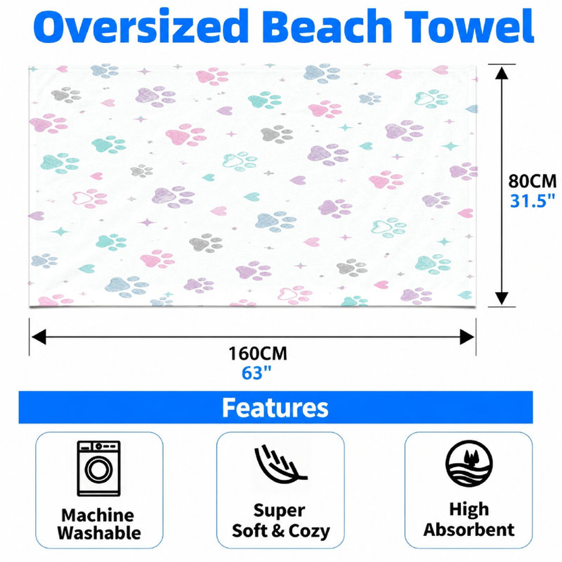 1 pièce Adorable serviette de plage à empreintes de pattes, avec des imprimés pastel et des cœurs sur fond blanc, parfaite pour la natation, les voyages et le design unisexe.