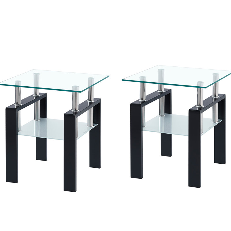 2 tables d'appoint en verre trempé avec rangement - salon, chambre à coucher, bureau pour espaces compacts, bureau transparent à 2 couches, petit espace