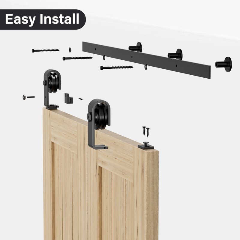 Bi-Folding Sliding Barn Door Hardware Kit for 2 Doors, Carbon Steel Black Bifold Barn Door Kit with J shape rollers for Closet(Doors not Included)