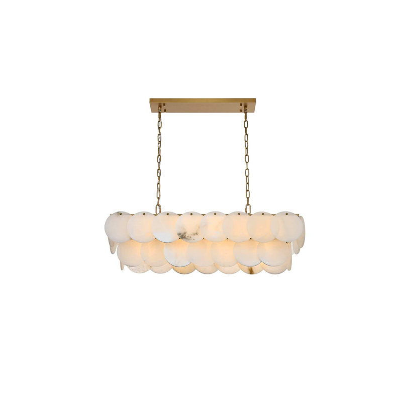 Lustre albâtre de 36 pouces Ikeny, H 10 po x l 36 po x P 12 po, Or satiné, 14 lumières