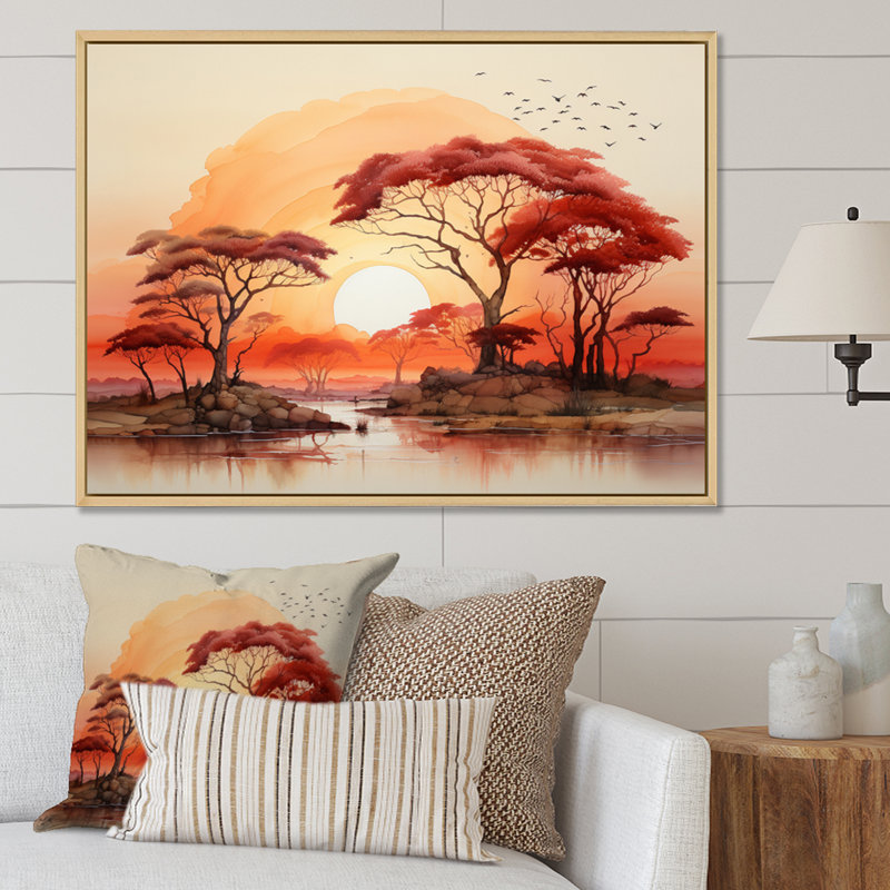 Rouge, jaune, paysage africain - Art mural paysage africain, H 16 po x l 32 po x P 1 po, Cadre naturel flottant
