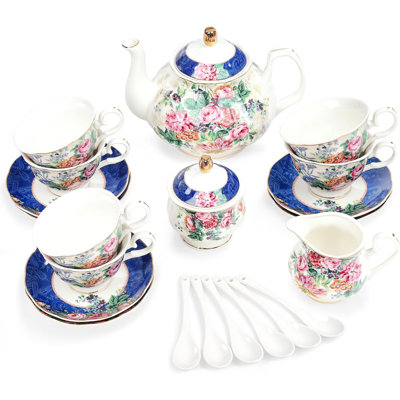 Service à thé en porcelaine 21 pièces pour 6 avec théière, tasses et soucoupes, élégant motif floral en dentelle bleue, parfait pour le thé de l'après-midi, les cadeaux et la décoration intérieure