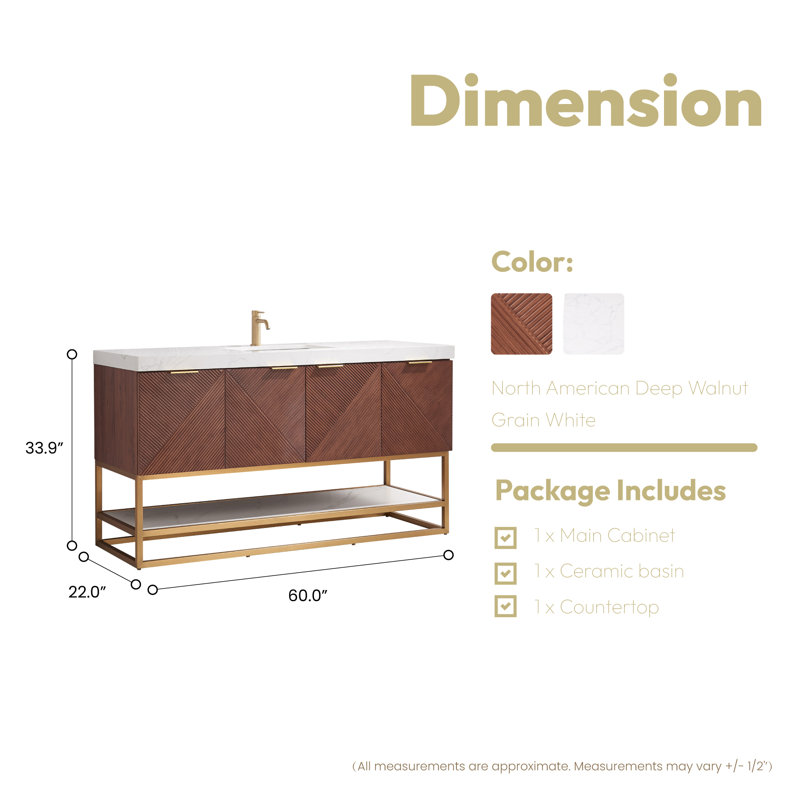 Simple foot sink cabinet 60 feet with Mahon tray, Or brossé, Doré