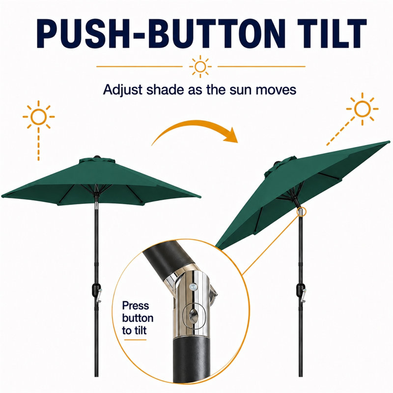 Parasol de marché 9 pi avec bouton-poussoir inclinable et manivelle, vert foncé, Vert foncé