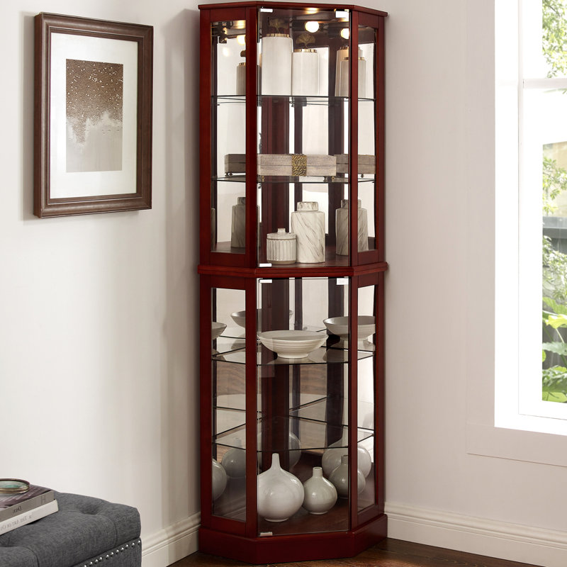 Armoire d'angle 72 "avec lumières, miroir, 6 tablettes réglables, look, tablette en cerisier, Cerisier